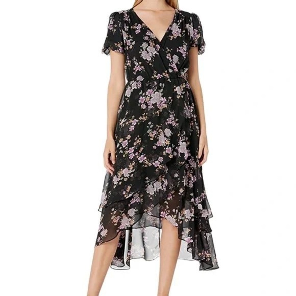Betsey Johnson Black Floral Flutter Sleeve‎ Ruffle High Low Wrap Dress Size 6